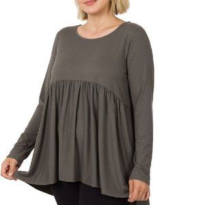 Plus Size Top Womens Long Sleeve Soft High Low Baby Doll Ash Gray 1X 2X 3X